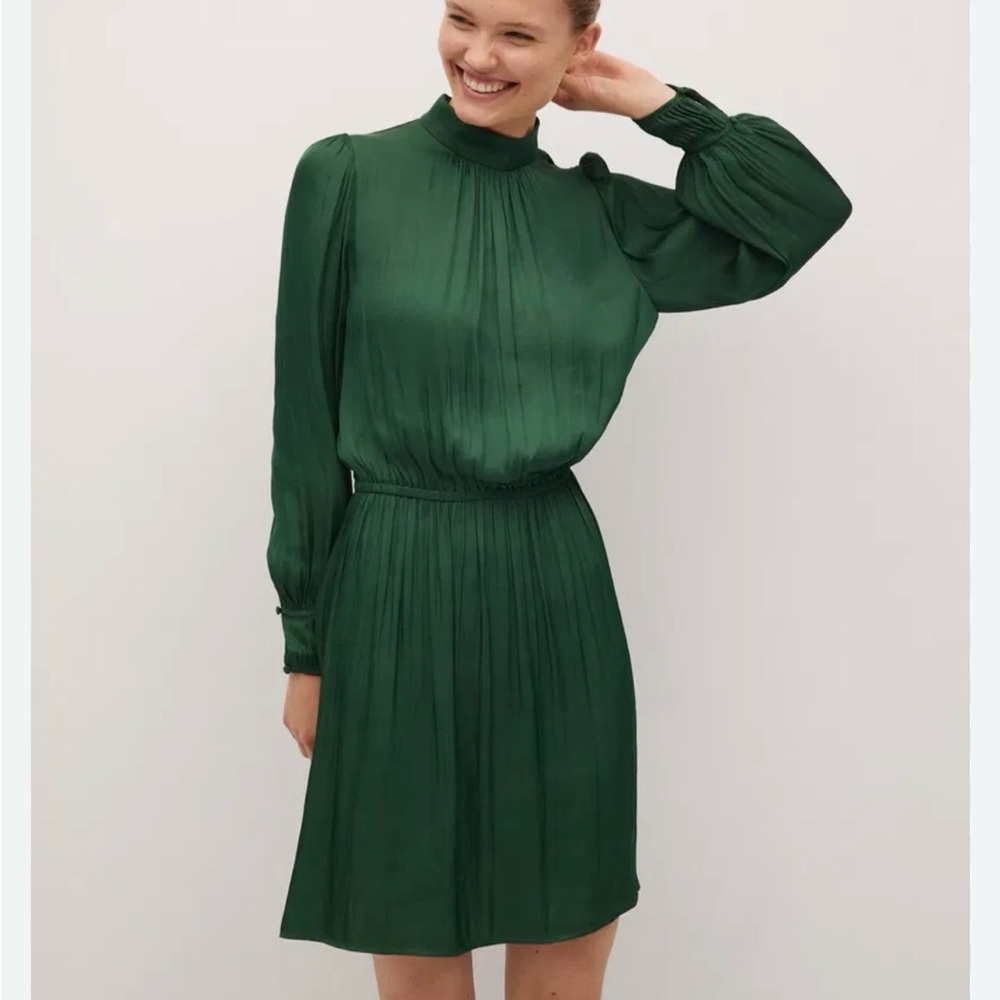 Mango Emerald High-Neck Puffed Sleeve Dress